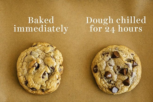 comparison of chocolate chip cookies baked immediately vs chilled.