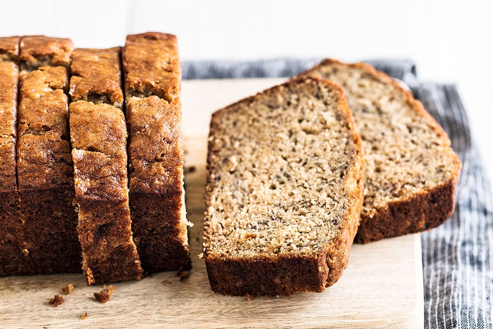 easy banana bread recipe is so moist as seen in the slices here.