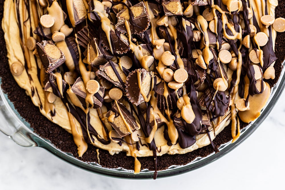 Up close overhead look of peanut butter pie in pie dish.