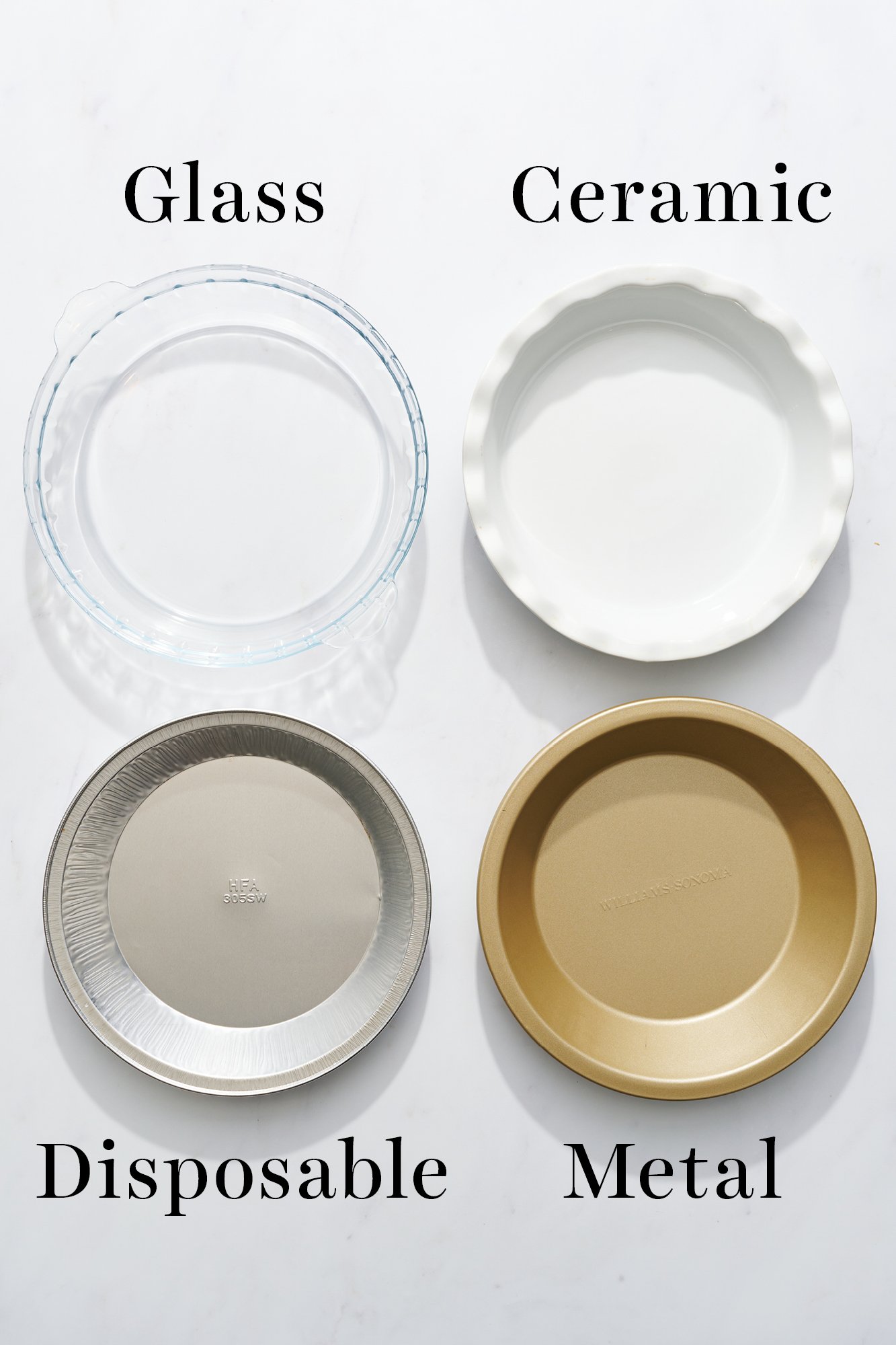 glass, ceramic, disposable, and metal pie pans.