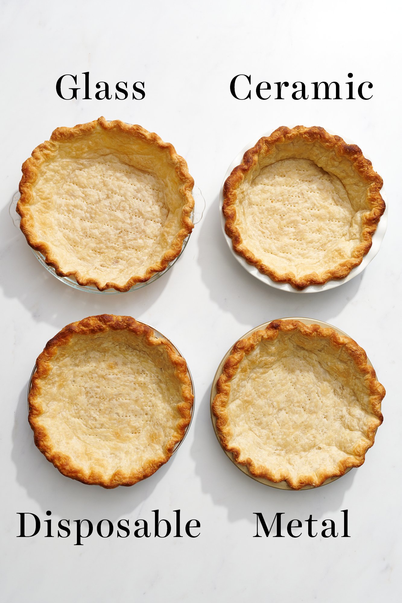 comparison of pie crusts baked in glass, ceramic, disposable, and metal pie pans.