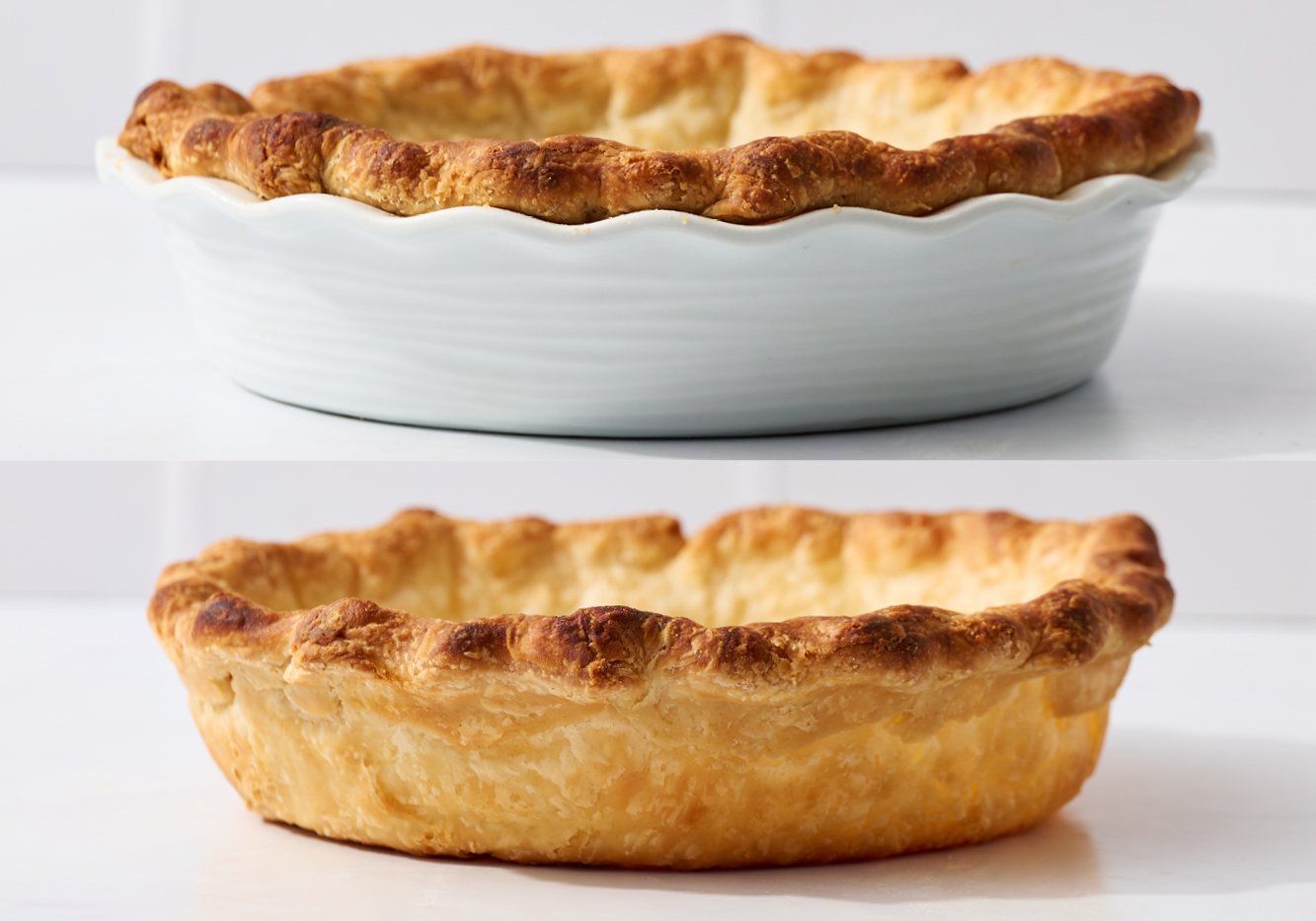 pie crust baked in a ceramic pie pan.