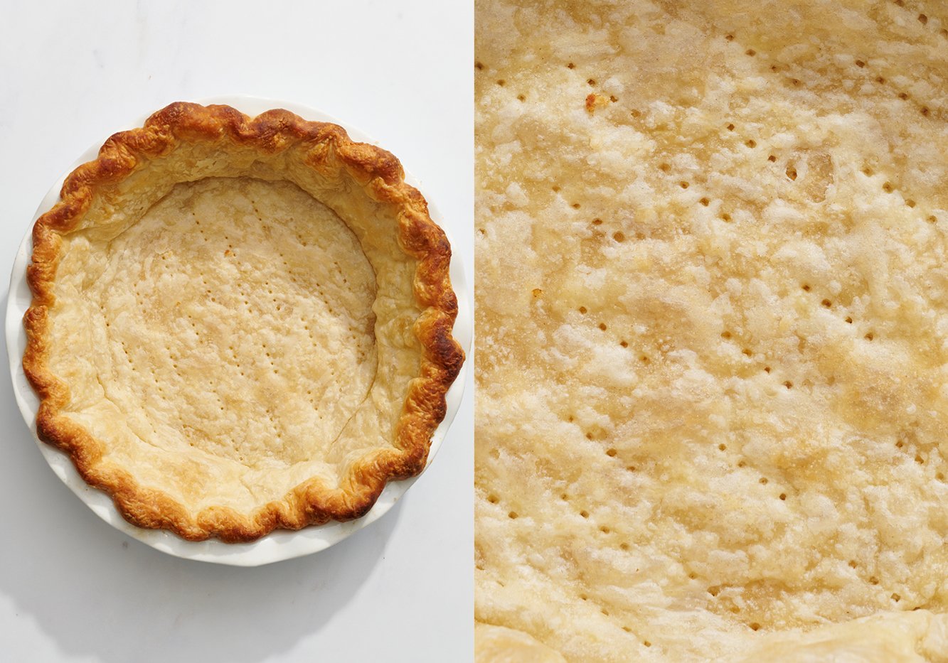 pie crust baked in a ceramic pie pan.