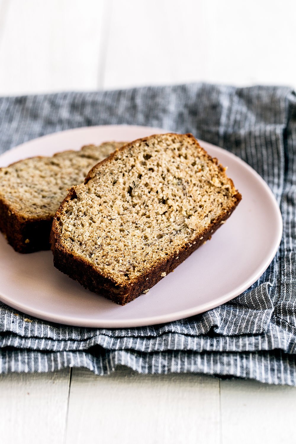 Slices of banana bread on a white plate.