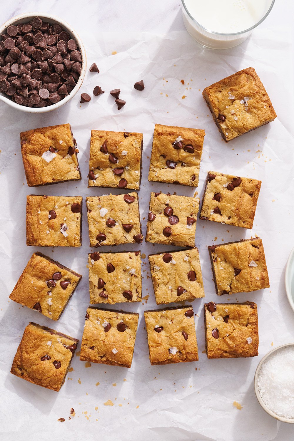 slices of blondies on parchment paper, ready to serve.
