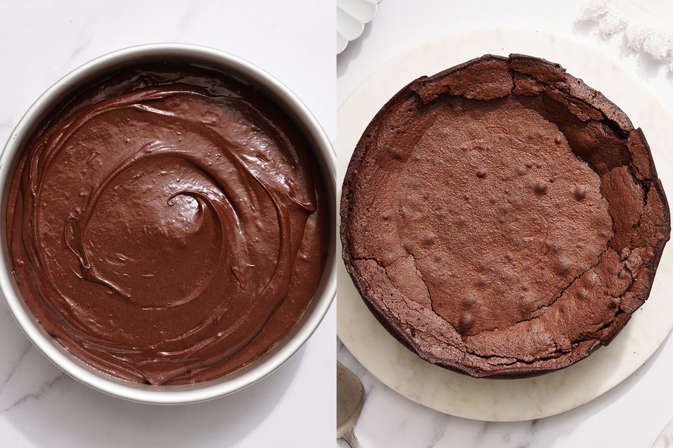 side-by-side images showing the flourless chocolate cake before and after baking.