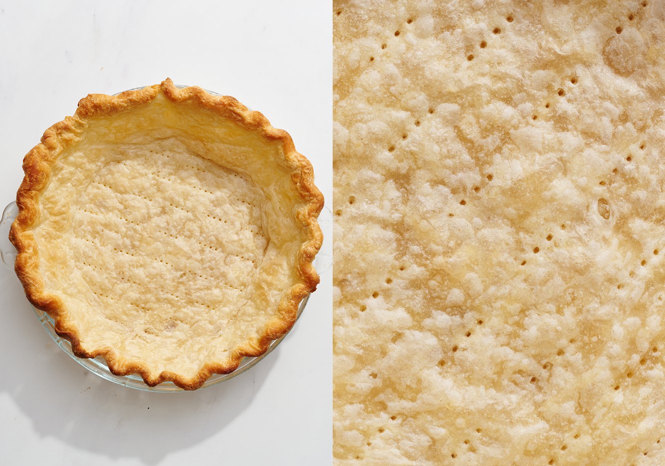 pie crust baked in a glass pie pan.