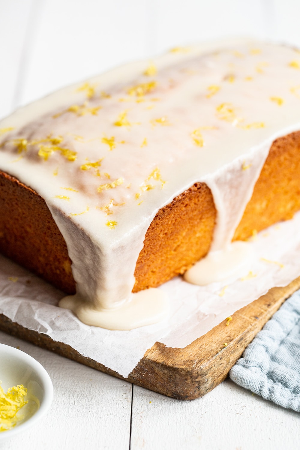 homemade lemon pound cake with a glaze on top.