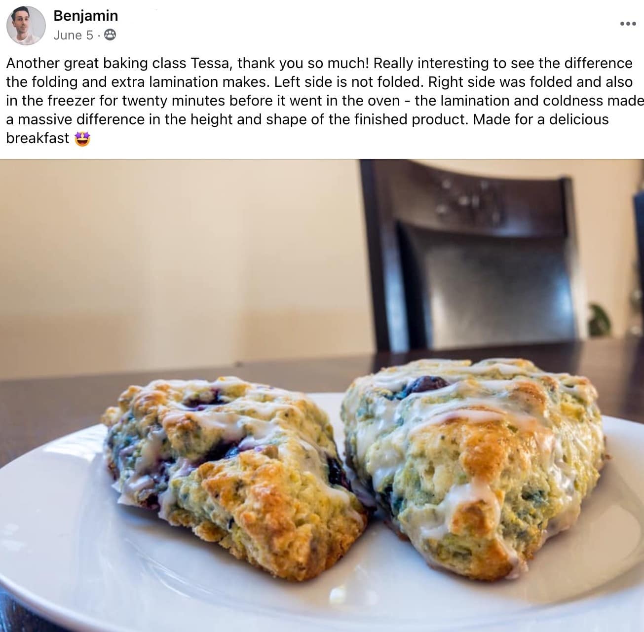 reader photo comparing how laminating your dough vs not laminating the dough compares. 
