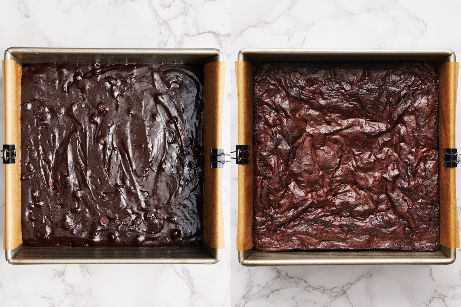 side-by-side pans of homemade brownies - the first ready to bake, and the second after being baked.