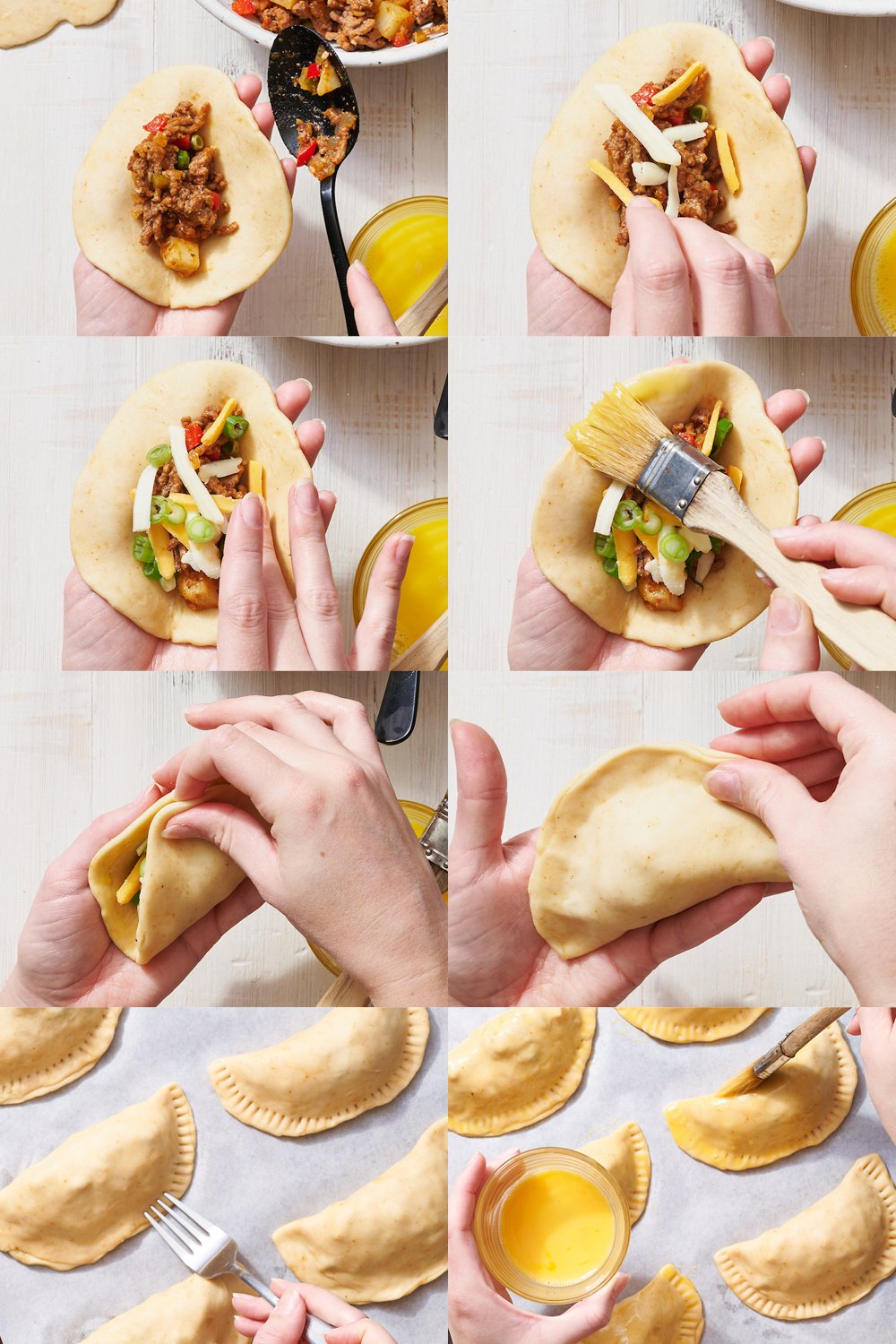 collage of images - how to fill, fold, egg wash, and bake empanadas.