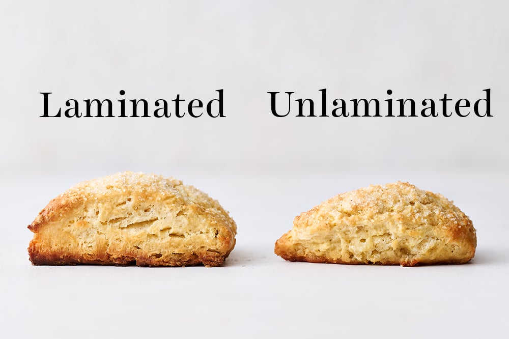 comparison of laminated vs unlaminated scones, showing how this makes flaky scones that rise high.