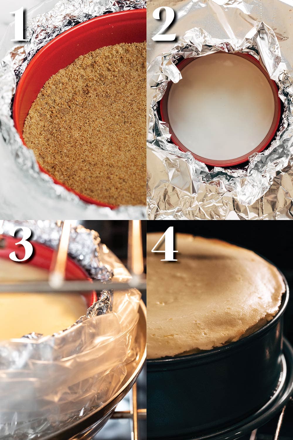 step by step process for baking a cheesecake with a water bath.