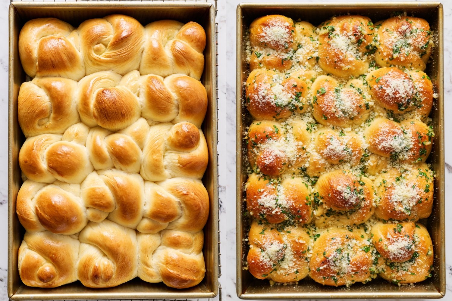 side by side shots of the garlic knot rolls, before and after baking.