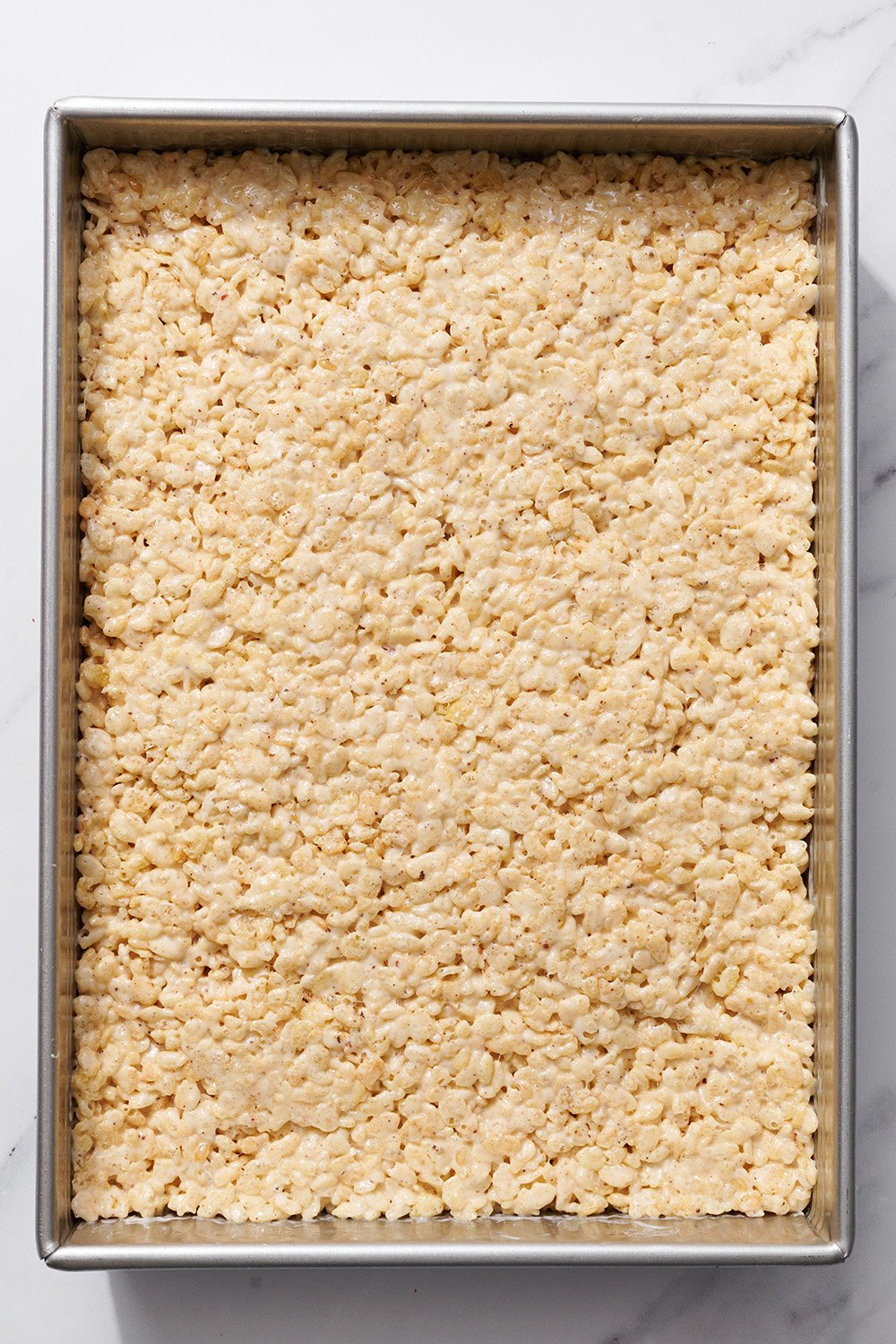 a whole pan of uncut Brown Butter Rice Crispy Treats