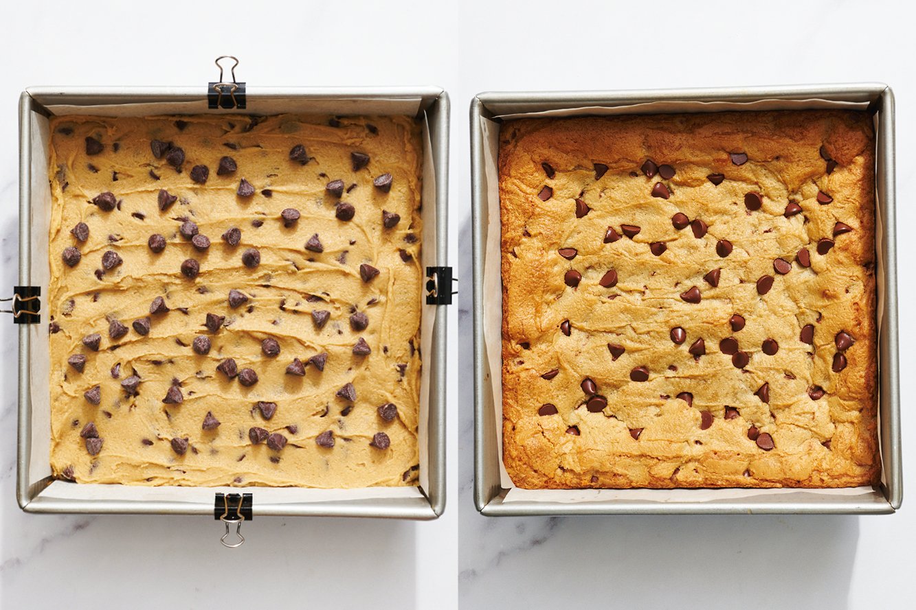 side-by-side pans before and after baking.