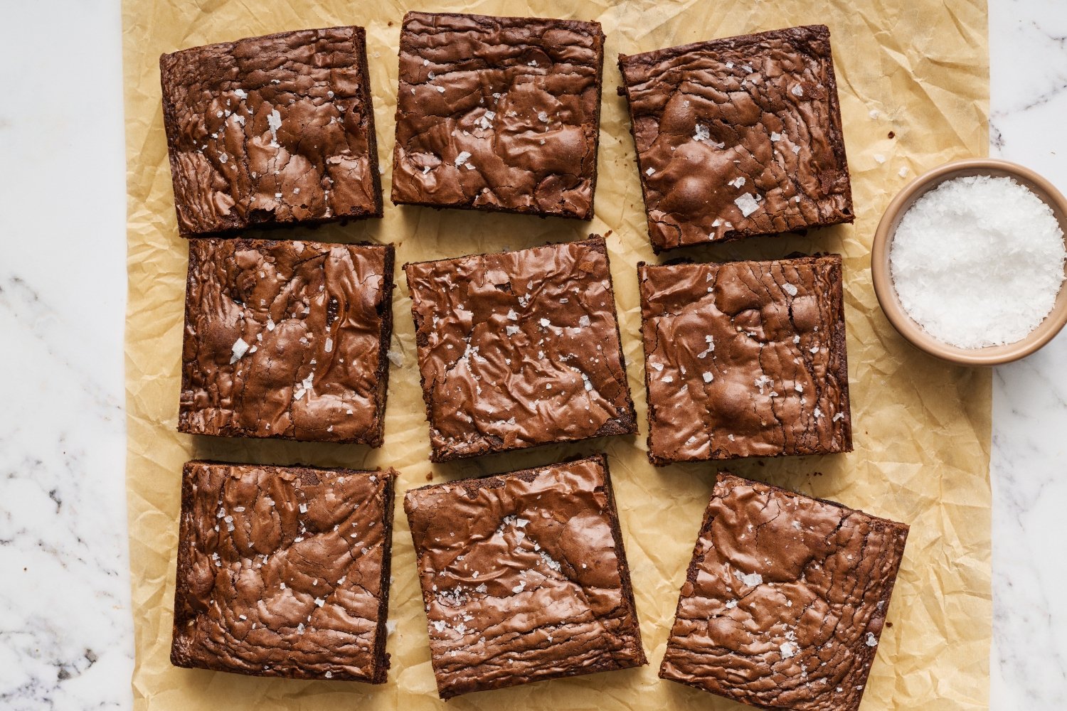 the whole pan of Malted Brownies, sliced and sprinkled with flaky sea salt. 