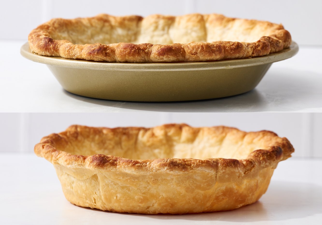 pie crust baked in a metal pie pan.