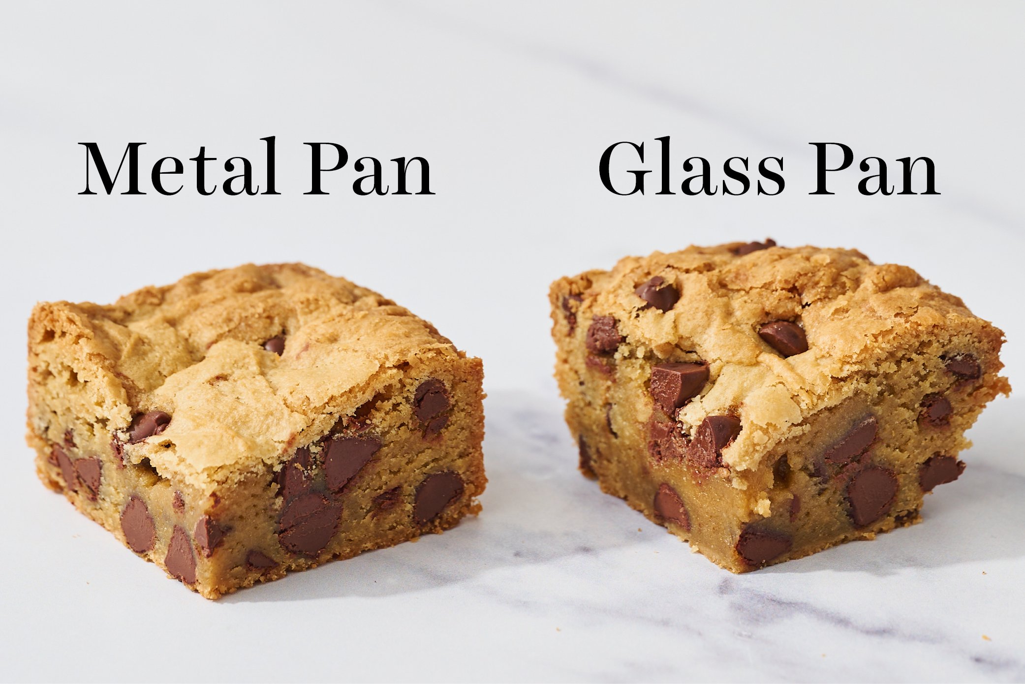 two slices of blondies, one baked in a metal pan and the other baked in a glass pan.