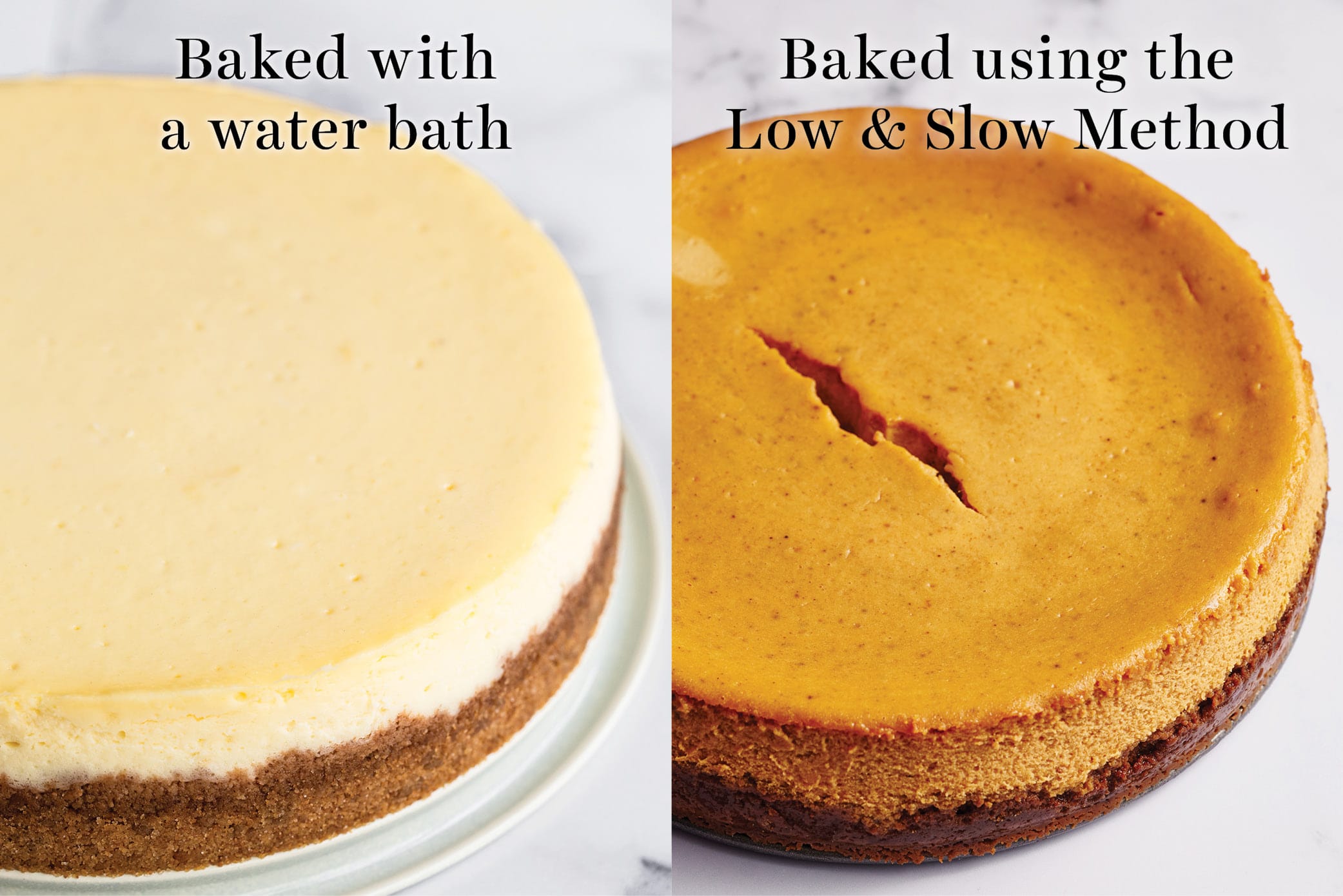 classic cheesecake baked with a water bath vs. cracked pumpkin cheesecake baked without a water bath.