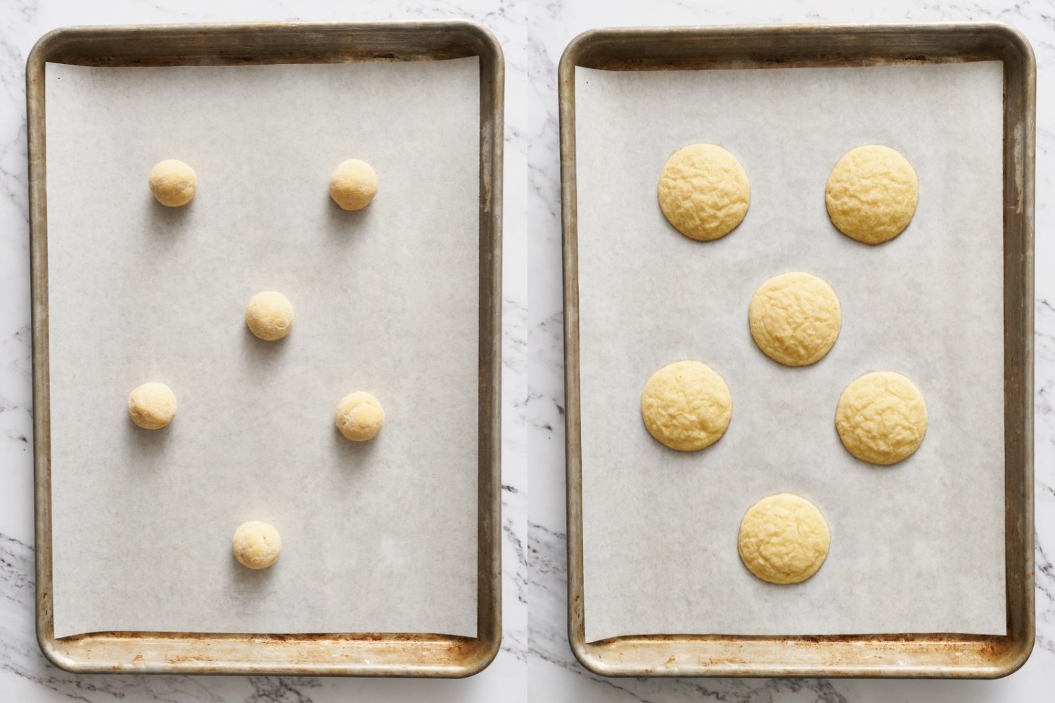 two trays of sugar cookies, before and after baking.