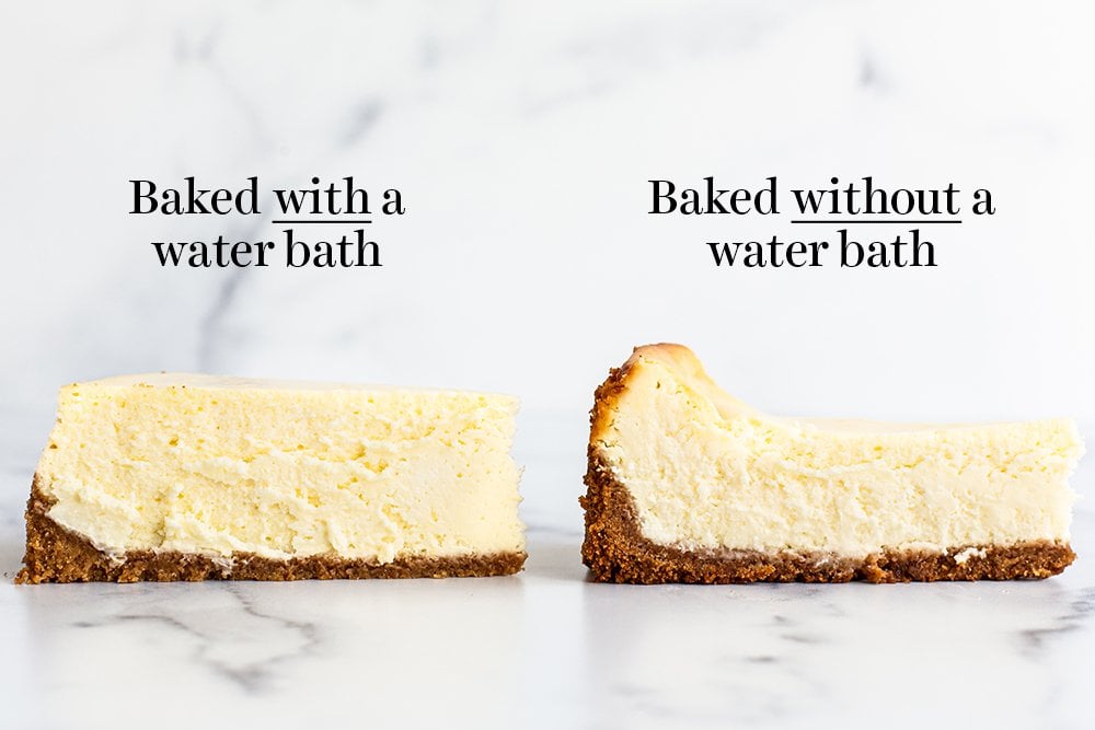 side by side comparison of cheesecakes baked with and without water baths.