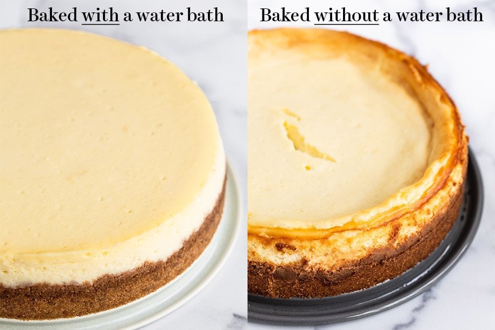 side by side comparison of cheesecakes baked with and without water baths.