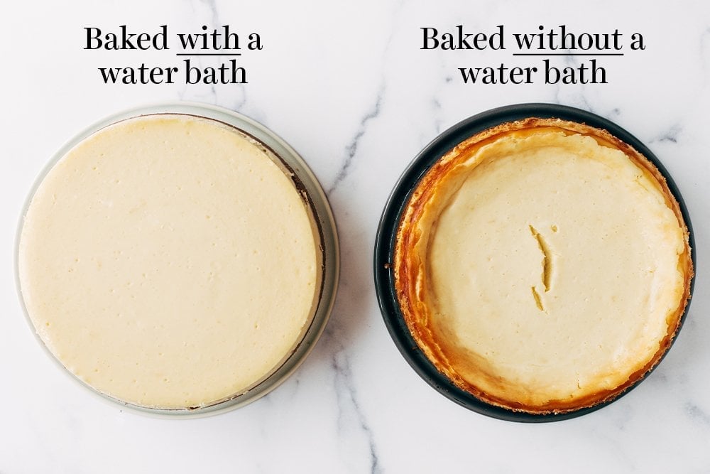 side by side shot of overhead cheesecakes baked with and without water baths.